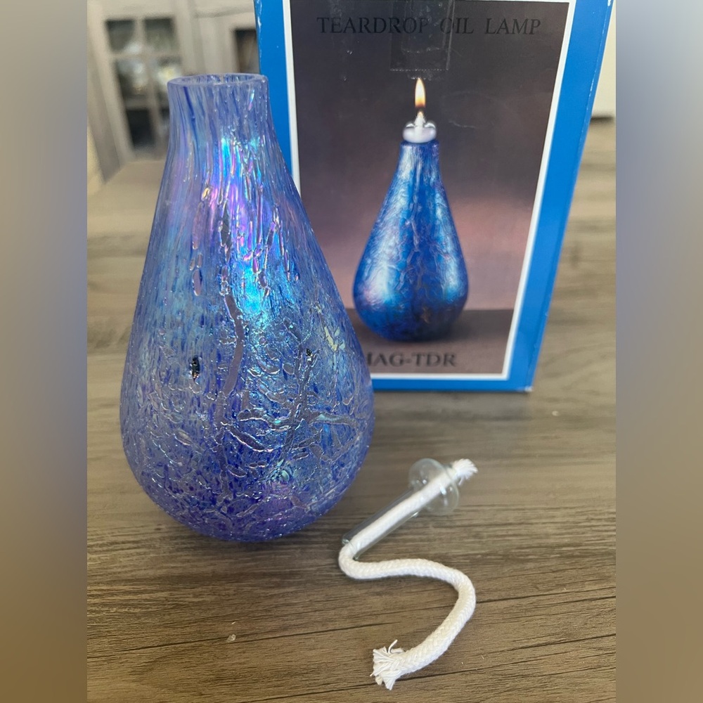 Iridescent Blue Glass Teardrop Oil Lamp NIB
